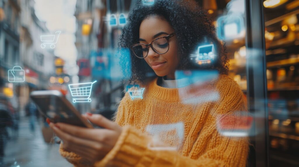 A young woman in a cozy sweater uses her smartphone, surrounded by digital shopping icons, in an urban setting.